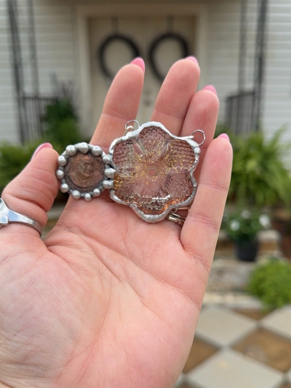 Handmade Rustic Flower Pendant - Pink/Bronze Tones